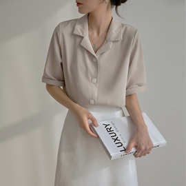 西装领短袖雪纺白衬衫女夏季新款韩版宽松气质职业装通勤休闲衬衣