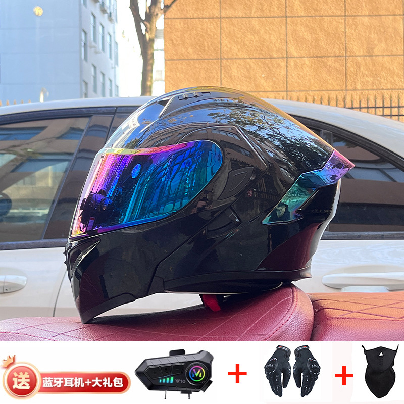 Casco de exposición Orz para hombres y mujeres invierno Doble espejo coche eléctrico semi-Casco completo cola de color coche deportivo ranura Bluetooth cuatro estaciones casco