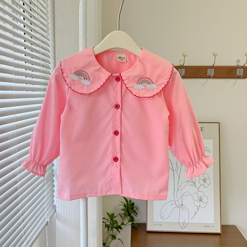 Camisa para niñas 2022 Primavera y otoño Nuevo estilo coreano solapa cuello redondo color sólido bordado color sólido estilo occidental manga larga camisa para niños