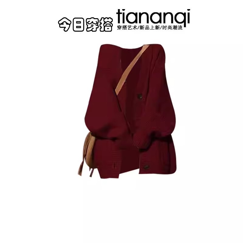Red Soft Knit Cardigan for Women, Early Spring Lazy Style Sweater Coat, French-Style Tube Top Waist-Cinching Dress Set Red Soft Knit Cardigan for Women, Early Spring Lazy Style Sweater Coat, French-Style Tube Top Waist-Cinching Dress Set