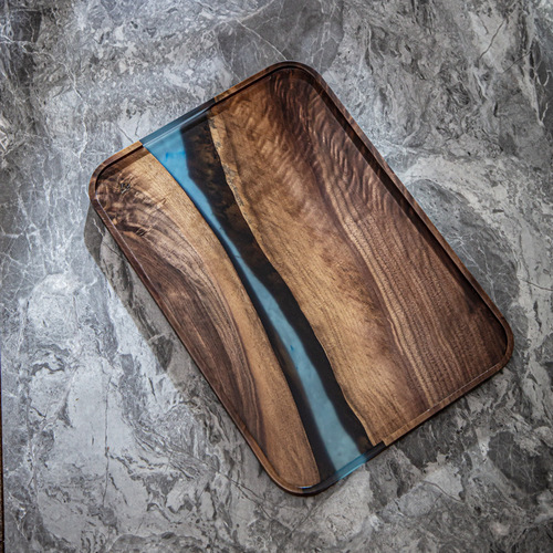 Cross-border black walnut resin tea tray wooden rectangular tray household fruit tray solid wood small tea table wooden tray