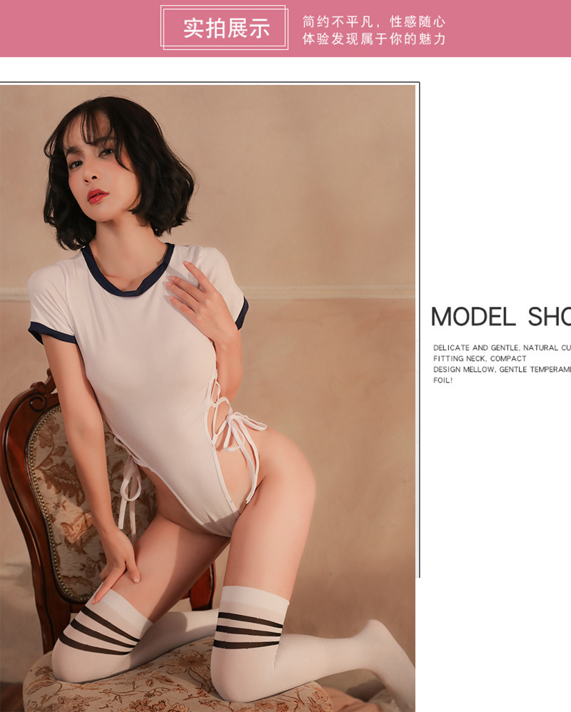 Japanese-Style Student Roleplay Jumpsuit with Thigh-High Socks, White One-Piece Set — detail image 7