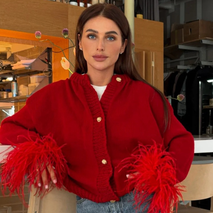 European and American Cross-Border Women's Clothing Red Patchwork Feather Long-Sleeved Knitwear Autumn and Winter Red Twist Short Cardigan Sweater
