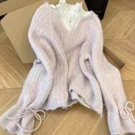 紫粉色u领套头喇叭袖针织衫毛衣叠穿蕾丝拼接打底衫女2025新款上