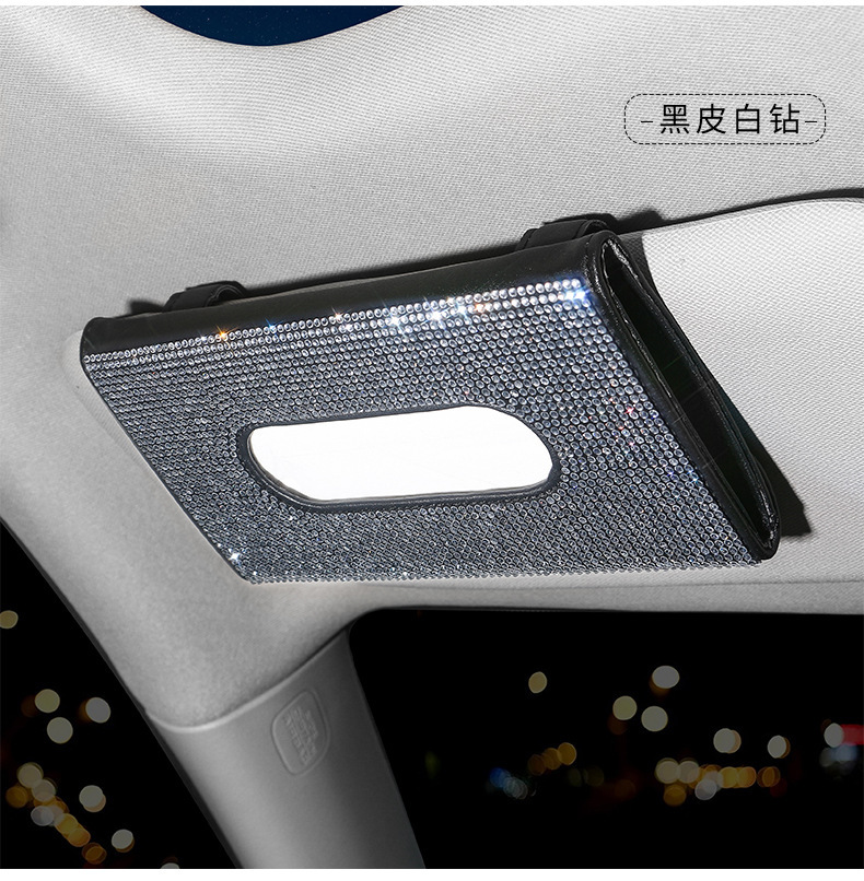 Car Sun Visor Tissue Box Leather Seat Back Diamond Tissue Holder Creative Fashion Women's Rhinestone Car Tissue Box