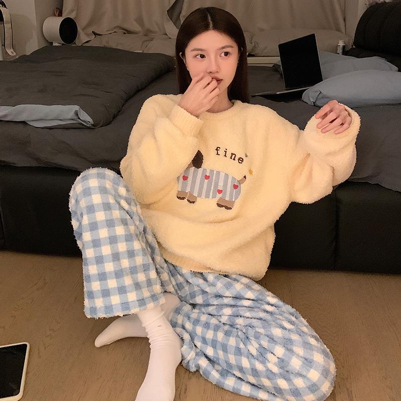 Half Velvet Pajamas Women's Autumn and Winter Coral Velvet Plus Velvet Pullover Set Cute Dachshund College Student Home Clothes