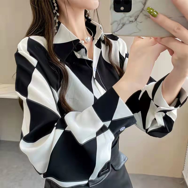 长袖上衣设计感女小众宽松印花衬衫女春秋季翻领气质衬衣女|undefined