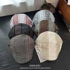 新款日系拼色格纹拼接前进帽女早春夏小众潮牌个性贝雷帽男画家帽