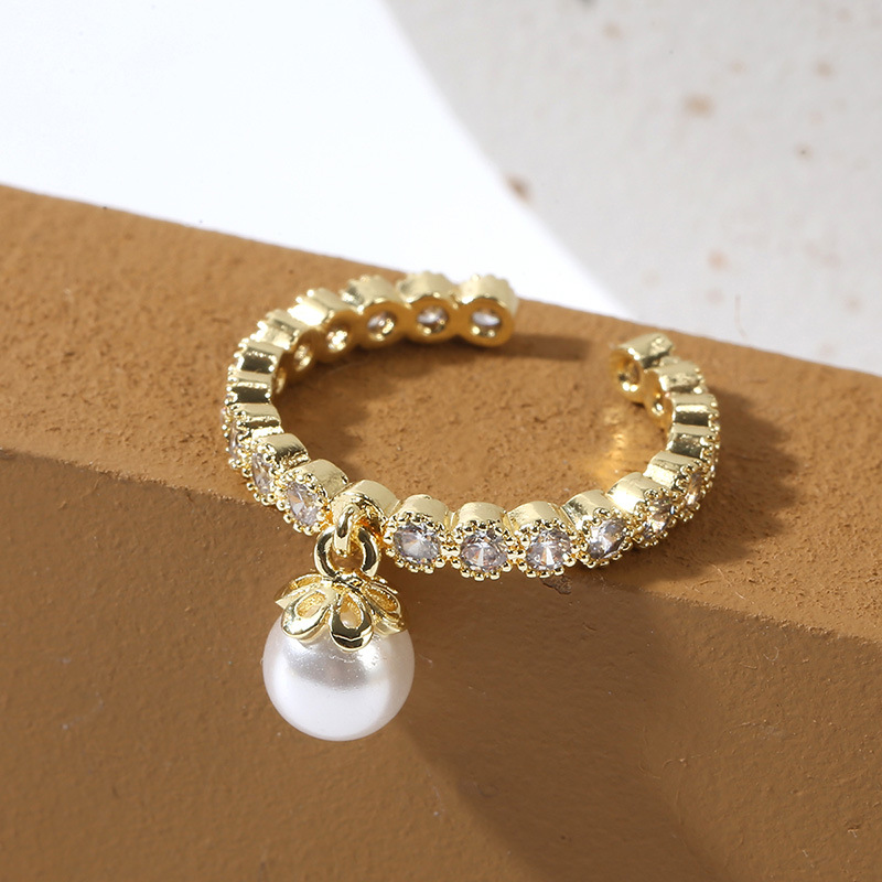 simple copper inlaid zirconium pearl open geometric ring