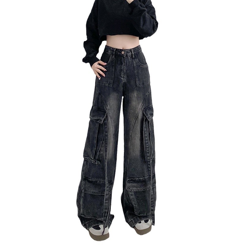 기모 두꺼운 거리 뜨거운 소녀 청바지 여성의 가을과 겨울 2024 새로운 느슨한 스트레이트 플로어 트렌디 한 작업복