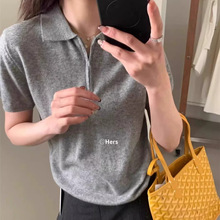 灰色半拉链polo领正肩短袖t恤女夏季韩系新款设计感冰丝针织上衣