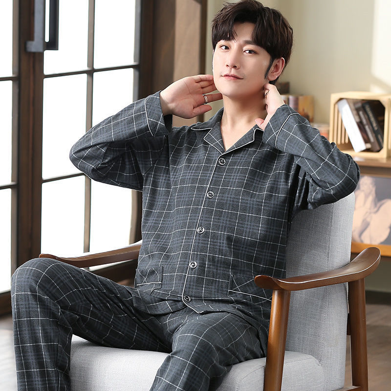 Pijamas de los hombres 100% algodón de primavera y otoño de manga larga 2022 nuevo papá de mediana edad y ancianos más tamaño traje de desgaste para el hogar