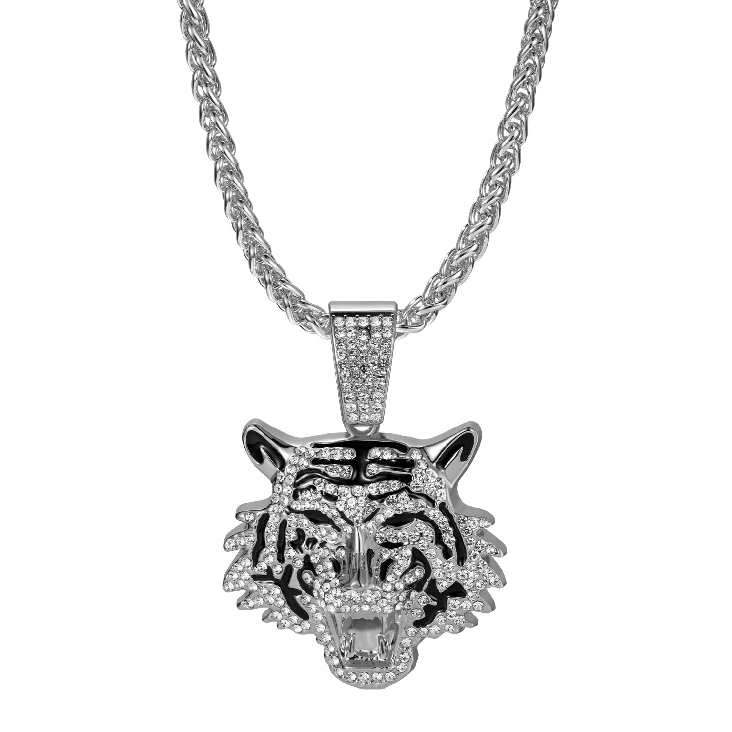 Tiger Head Pendant Necklace For Men Alloy Diamond Studded Jewelry_voghion.com