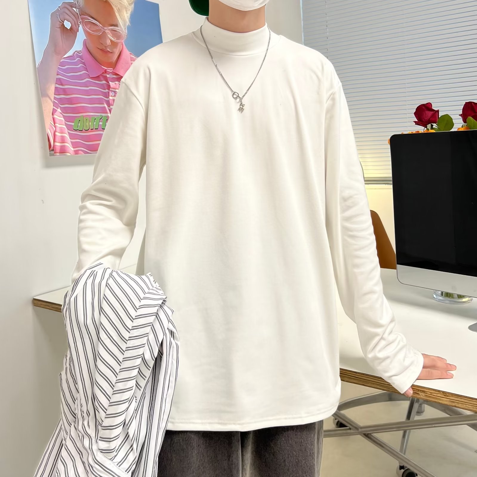 가을과 겨울 홍콩 스타일 한국 스타일 단색 티셔츠 남성용 하프 하이 칼라 긴 소매 기본 셔츠 학생 잘 생긴 캐주얼 올 매치 탑