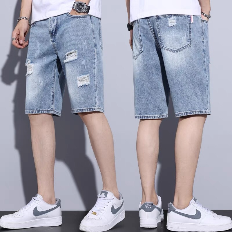 2024 Trendy Brand Ripped Denim Shorts Men's Summer Thin All-match Five-point Pants Men's Loose Straight Pants
