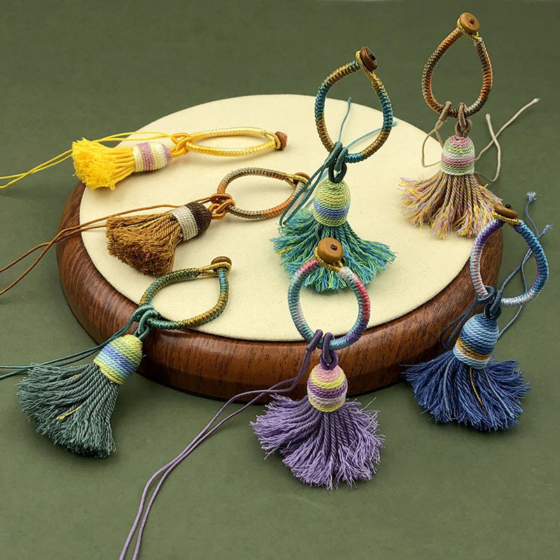 Hand-Woven Gradient Color Diamond Knot Tassel Cotton Thread Ring Buckle Keychain Bag Accessory Brooch Pendant
