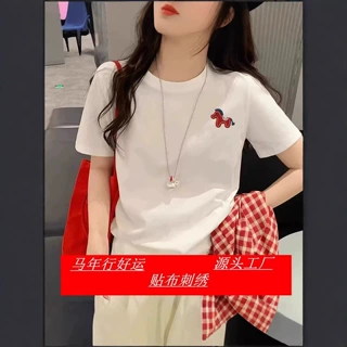 正肩纯棉小马刺绣短袖T恤女2026春夏新款洋气百搭紫色上衣半袖女