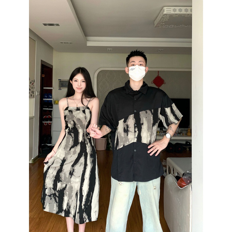 2023 여름 잉크 그림 레트로 국립 스타일 슬링 원피스 2 피스 세트 커플 원피스 원피스 원피스