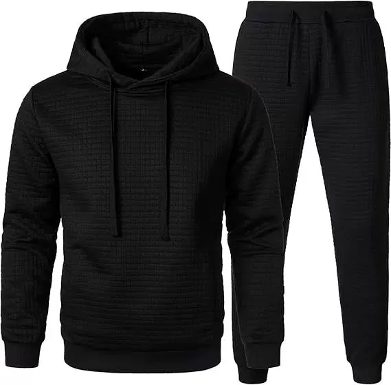 跨境亚马逊华夫格连帽卫衣卫裤休闲套装3D数码印花户外健身套装男