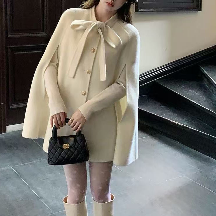 Yang Xiaojuan Rich Daughter Style 1Oo Wool Cape Outwear Bow White Double-Sided Woolen Outwear Autumn and Winter