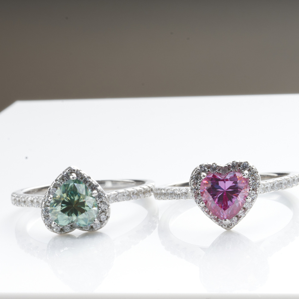 Anillo rosa azul verde de moissanita, anillo de moissanita de plata en forma de 1 quilate de forma de corazón