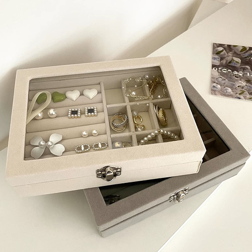 Transparent velvet jewelry storage box with lock, compact necklace, ring, earrings rack, earrings display rack, home box