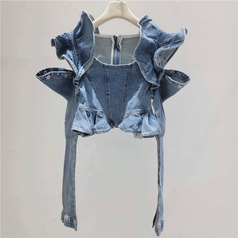 Primavera y verano nuevo estilo de moda estereoscópico borde de hoja de loto abierto mangas largas delgadas delgadas elásticas chaqueta de vaqueros image 1