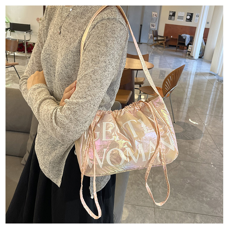 Candy colored new letter printed drawstring shoulder niche design dumpling women's armpit bag_voghion.com