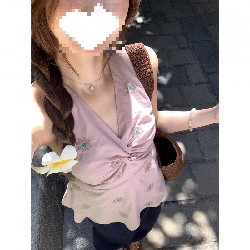 在庫あり 山桜マンダム～Vネックツイスト刺繍ノースリーブウエスト痩身ホルターネックシャツトップス|undefined