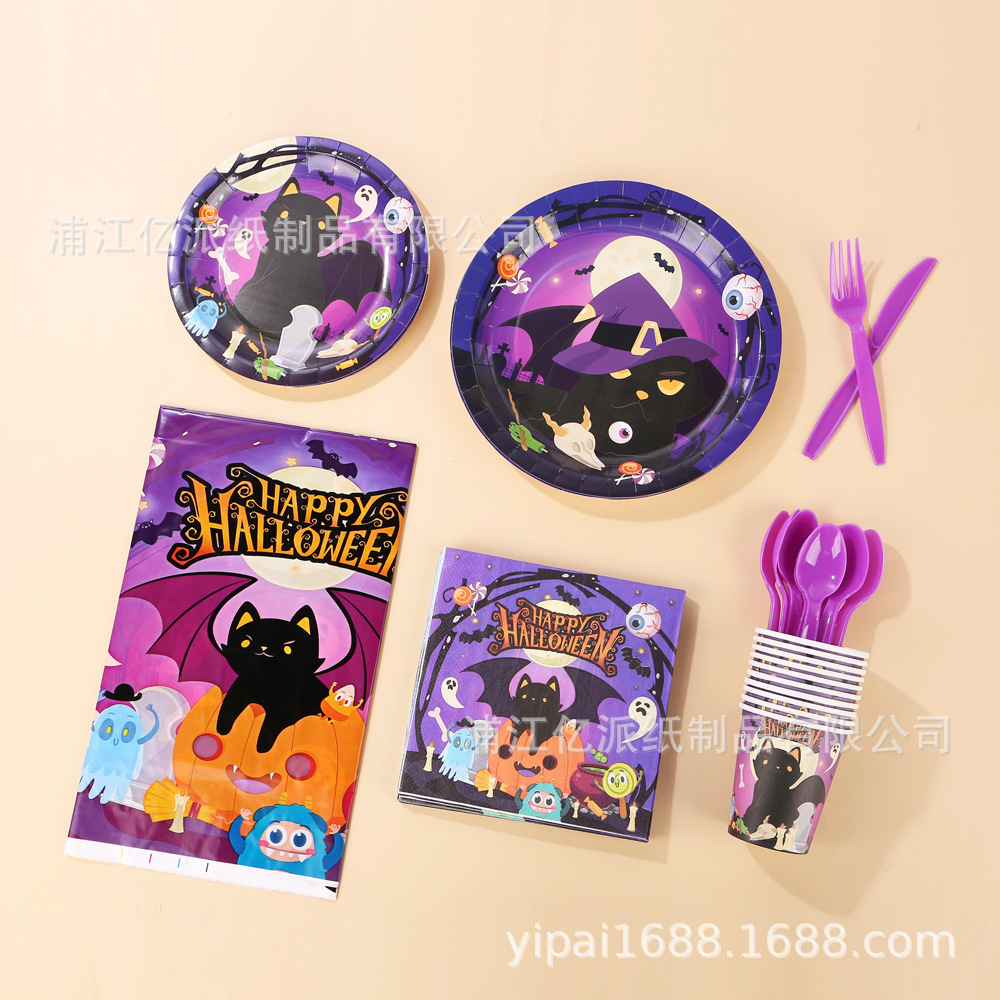 Halloween Gato fiesta mantel de mes gato negro temática calabaza murciélagos púrpura horror infantil desechable pe fábrica de mantel de mes