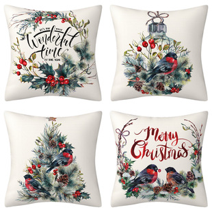 Cross-border Christmas Explosions Pillow Case Linen Watercolor Forest Cow Bird Glass Ball Decorative Pillow Cushion Cover Amazon