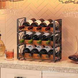 跨境木质红酒架铁木结合威士忌洋酒瓶葡萄酒收纳架多层红酒展示架