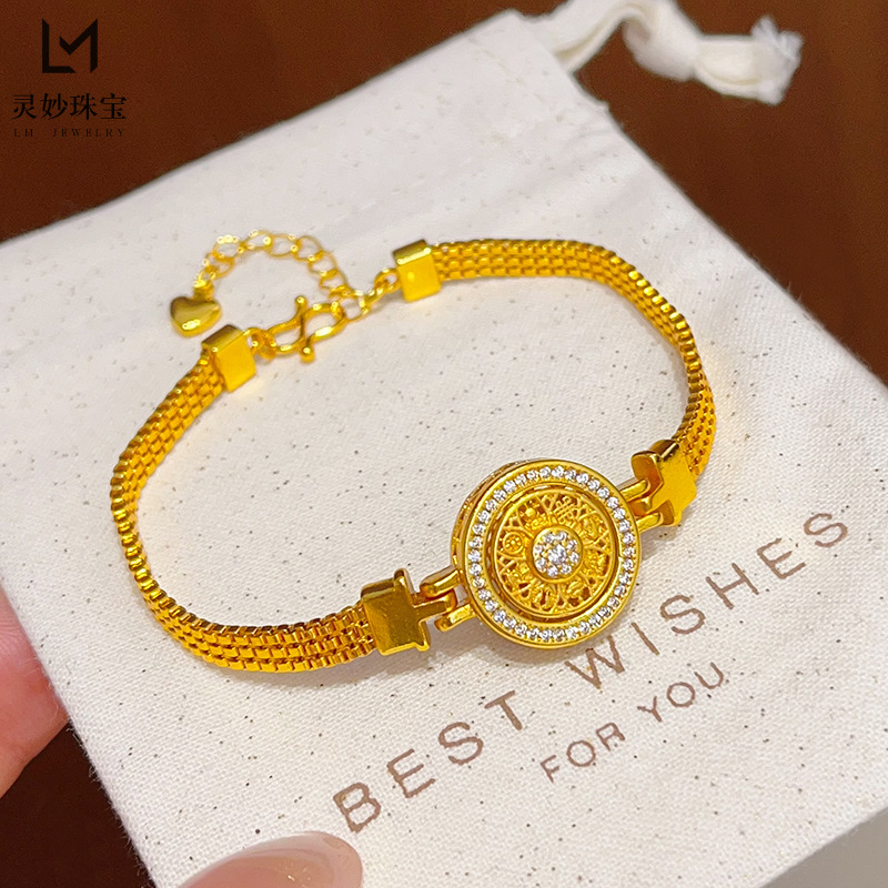 Gold Store Same Style Sand Gold Hollow Rotatable Eight-Treasure Compass Watch Strap Bracelet Round Plate Wristband Light Luxury Gift for Girlfriend