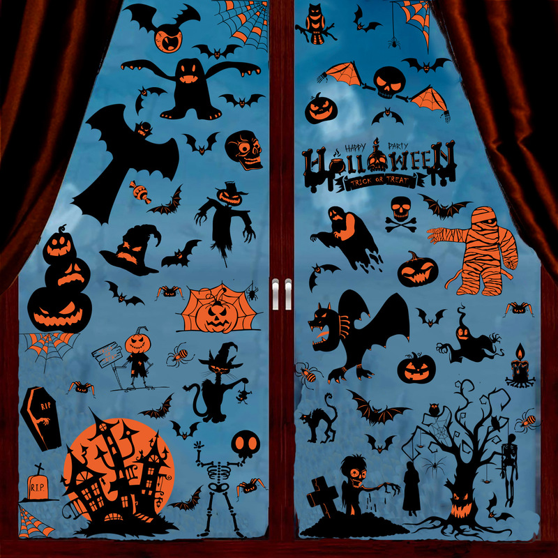 2026 New Amazon Halloween Static Cling Window Stickers Castle Tree Bat Spider Pumpkin Window Glass Decals