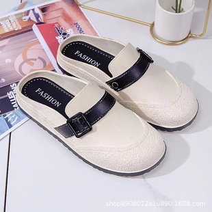 Autumn New Half-Slip Girls' Fashionable Casual Flats-Soled Outer Wear Slip-On Women's Toe-Toe Sandals and Buttons Women's Shoes