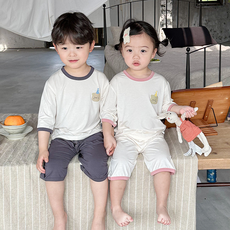 Children's Pajamas Yassel Girls' Spring and Summer Thin Boys' Seven-point Sleeve Air-conditioning Clothing Baby's Home Clothes Set Breathable