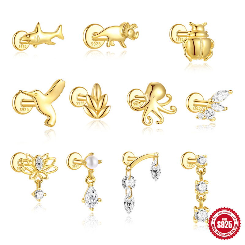 New S925 Sterling Silver Simple Exquisite Personalized Fashion Hummingbird Lotus Leaf Flat Bottom Thread Puncture Ear Bone Nail