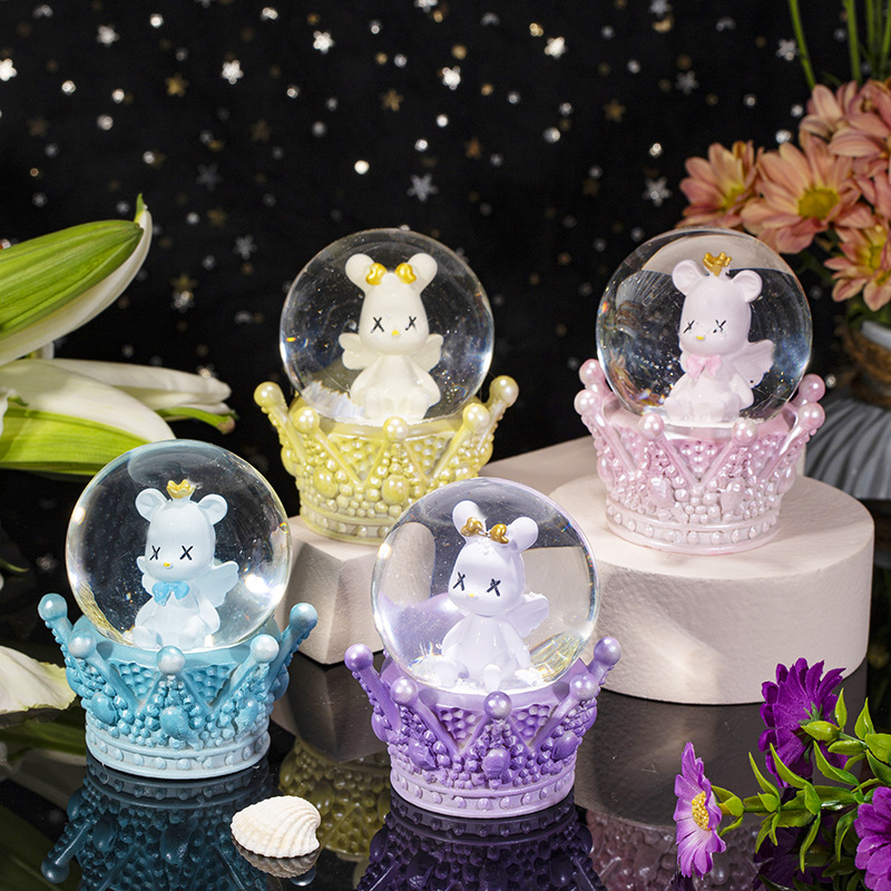 少女心可愛皇冠小熊水晶球透明玻璃罩家居裝飾擺件送兒童生日禮物
