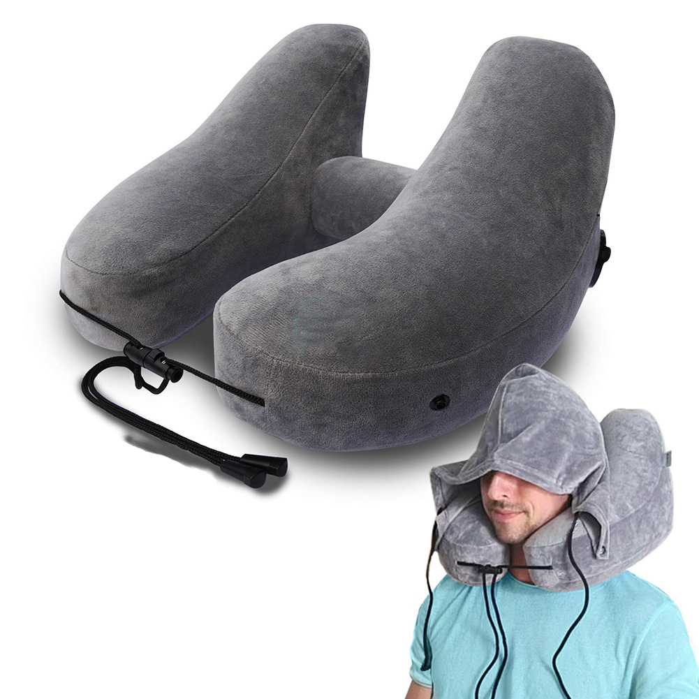 Inflatable neck pillow for traveling with hood