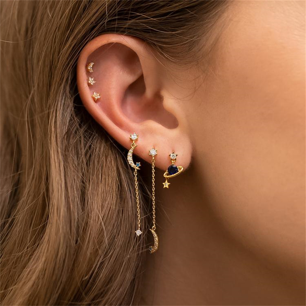Fashion Star Moon Copper Inlay Zircon Drop Earrings 5 Pieces