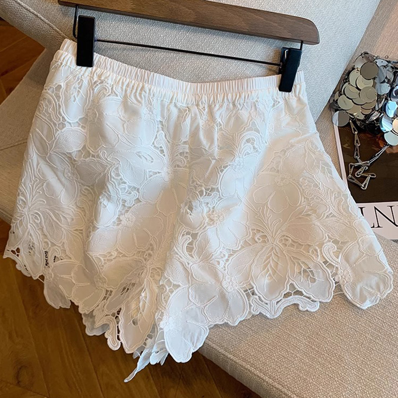 Versatile White Casual Shorts with Heavy Embroidery, Wide-Leg, Elastic Waist, Fashionable and Elegant Lace-Up Women's Summer Pants