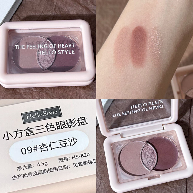 Hola estilo ~ Caja cuadrada pequeña, paleta de sombras de ojos de tres colores, brillo fino nacarado, paleta de rosas de sombra de ojos mate de color tierra seco