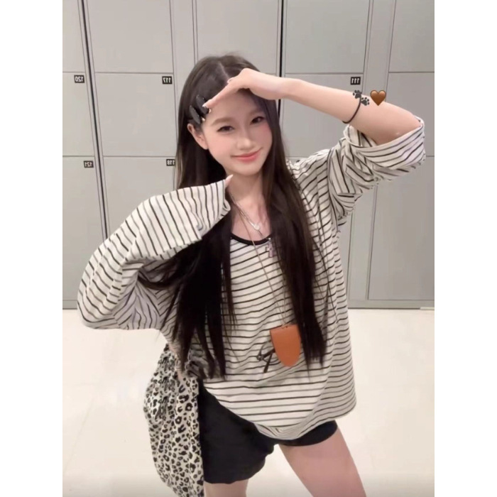 美式复古慵懒风松弛感条纹长袖t恤女装春秋季设计感宽松显瘦上衣|undefined