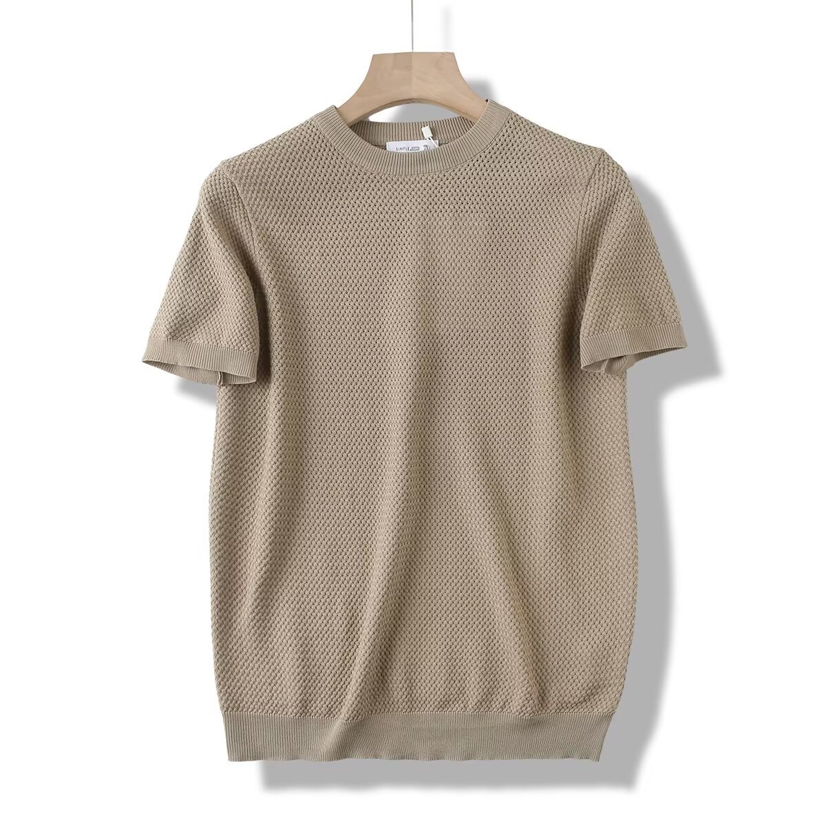 Men's Pineapple Knit T-Shirt – Breathable Textured Short Sleeve Top With Drop Shoulder & Retro Geometric Stripes (M-3XL)_voghion.com
