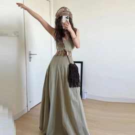 V领小众辣妹复古设计感细腰a字大裙摆无袖高个子长裙女拖地长裙