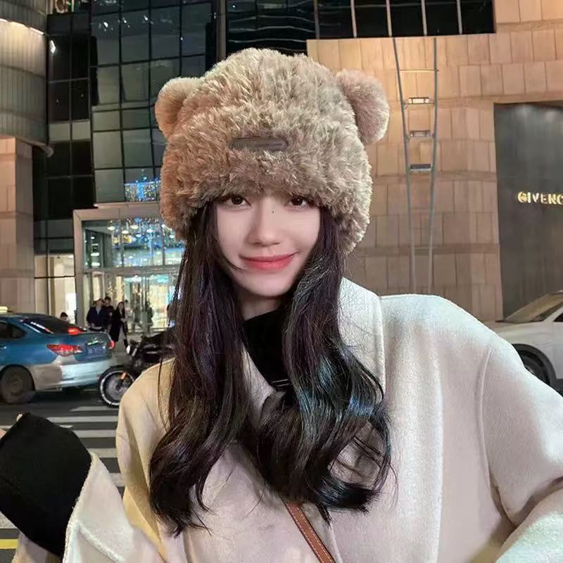 可爱小熊耳朵毛绒帽女冬季保暖大头围针织帽毛线帽百搭护耳显脸小|undefined