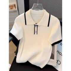 夏の白い襟の小さい香りの風のpolo襟の半袖のニットのtシャツの上着の女性のネットの赤いのはやせている短い金のA3544を現します。