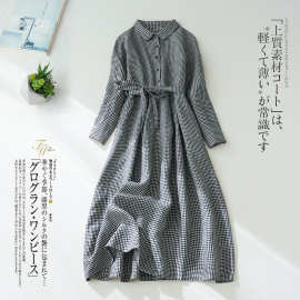 日韩现货2026春秋棉麻女装连衣裙文艺减龄休闲系带格子长裙