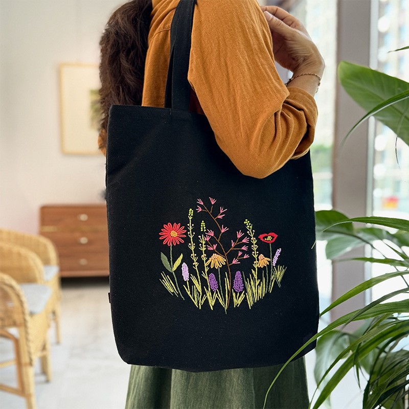 Hecho a mano DIY cinta bordada bolsa de lona Lu bordado solo hombro bolso tridimensional bordado flor lienzo mujer bolsa grande