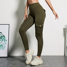 跨境欧美亚马逊多口袋裤瑜伽裤女工装拼接紧身运动跑步健身高弹力